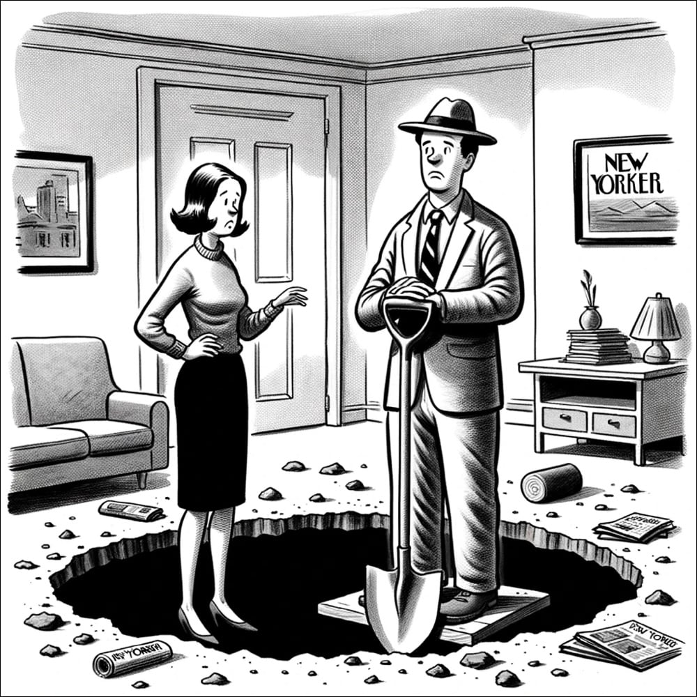 A New Yorker style cartoon depicting a man standing in a hole in the floor of an apartment, holding a shovel with only his head and shoulders visible. A woman floats beside him, with a concerned expression.
