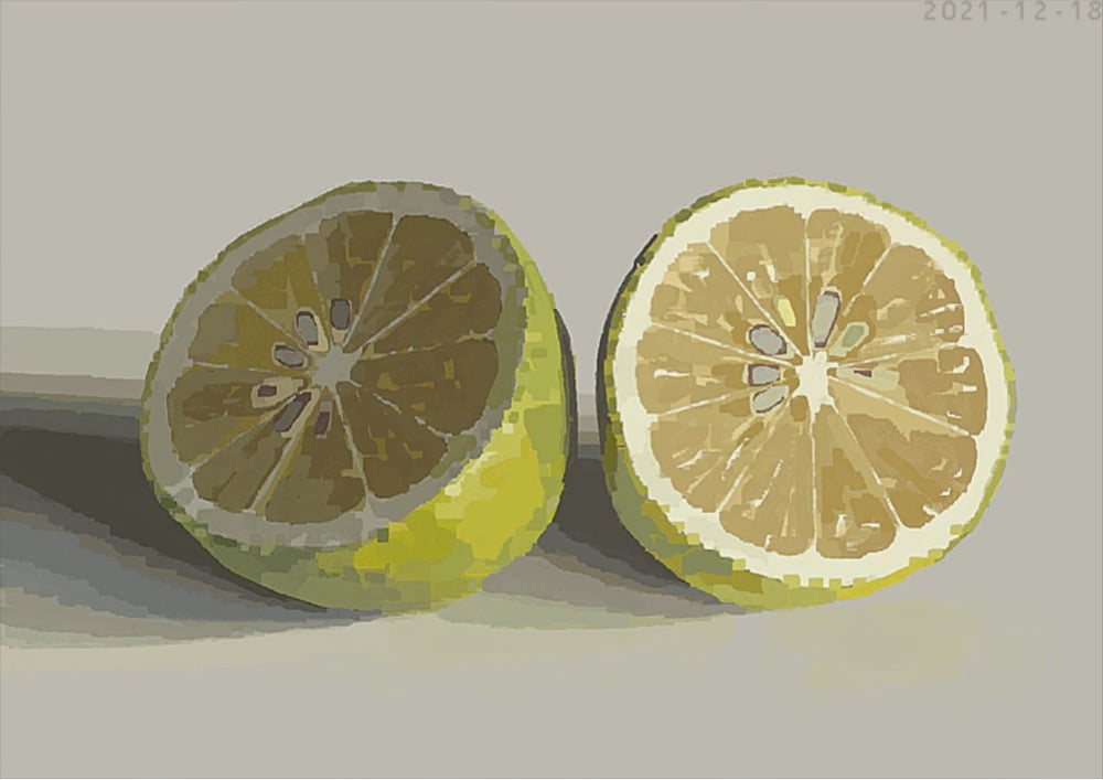 pixel illustration of a lemon cut in half