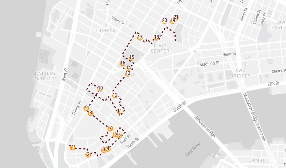 a map of a walking tour of slavery & resistance in NYC