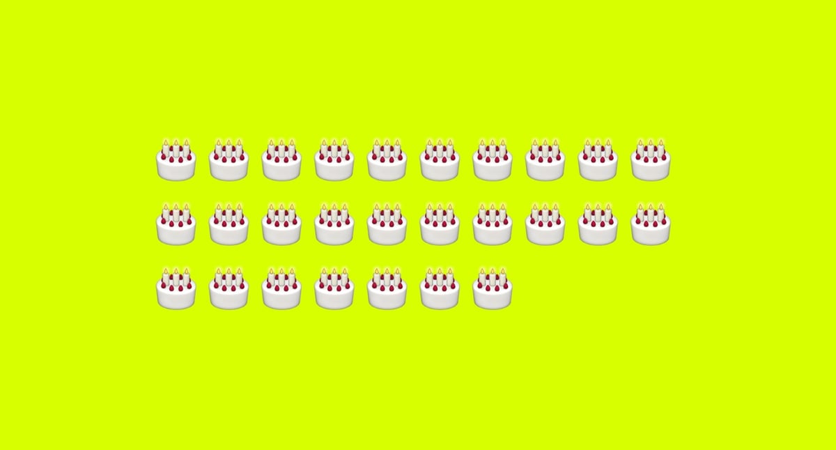 27 emoji birthday cakes on a garish yellow-green background