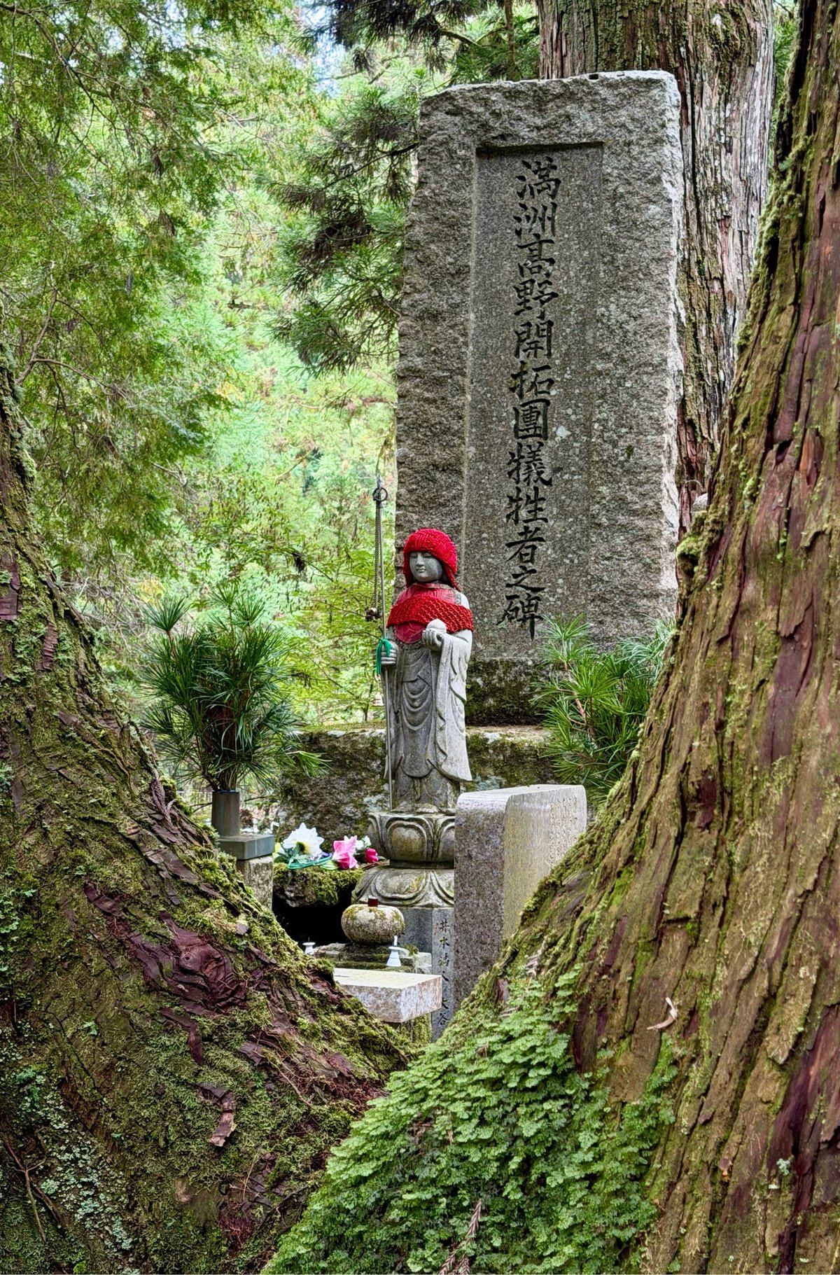 a hatted and bibbed Buddha through a pair of trees in a cemetery