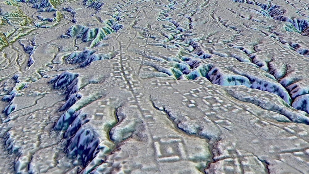 lidar image of straight roads and structures built by an ancient Amazonian civilization