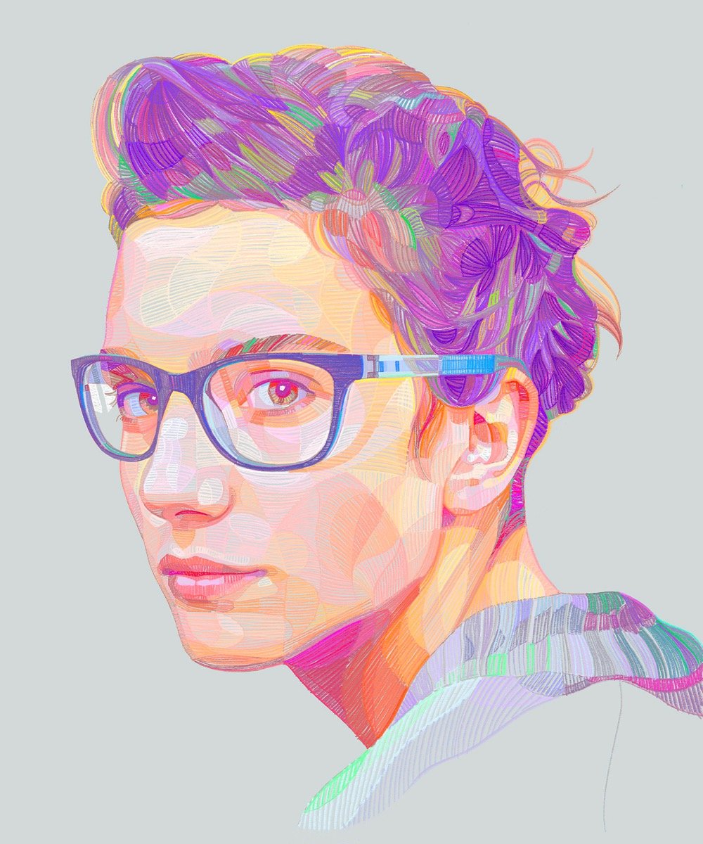 colorful portrait of a woman wearing glasses