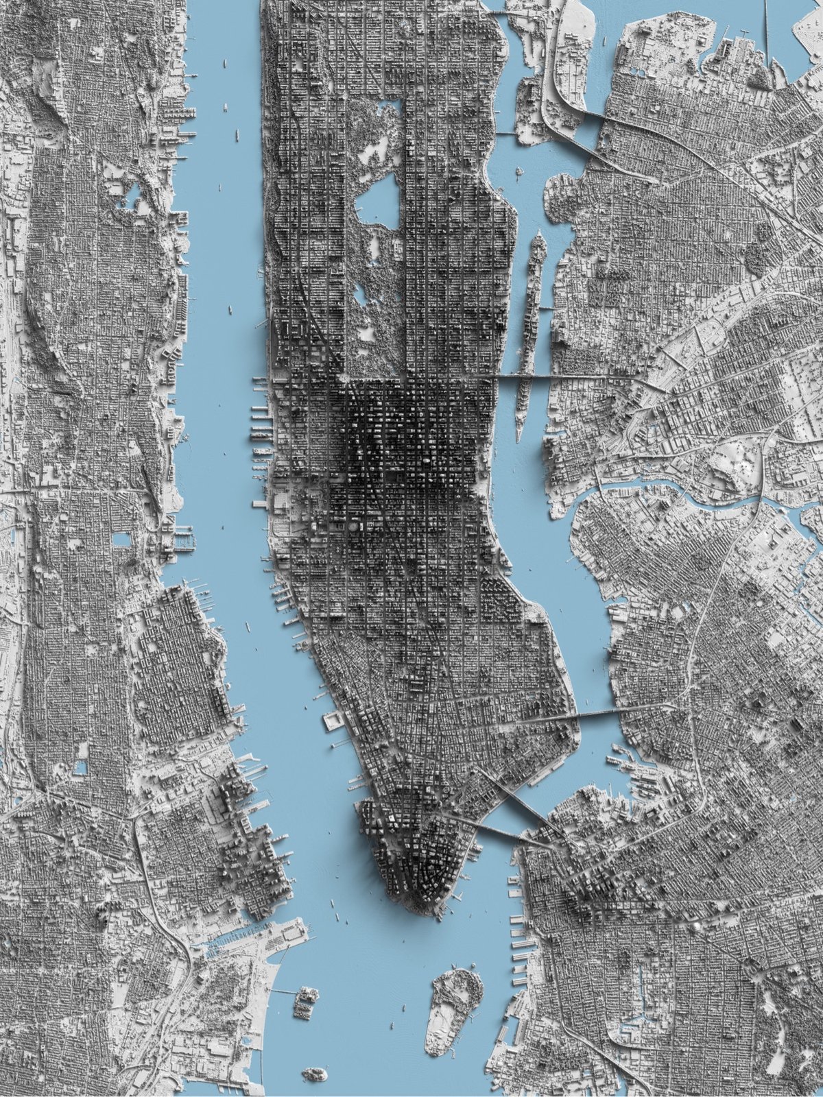 a Lidar map of Manhattan; low areas are lighter and taller areas are darker