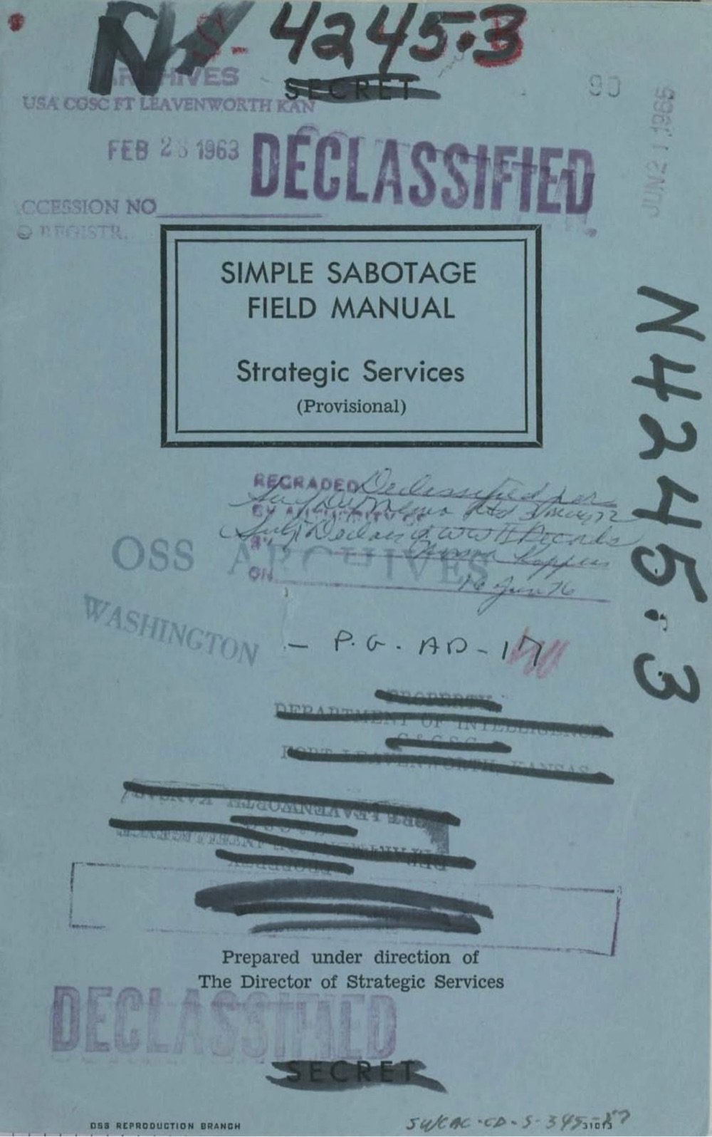 a heavily marker-up cover for the CIA's Simple Sabotage Field Manual