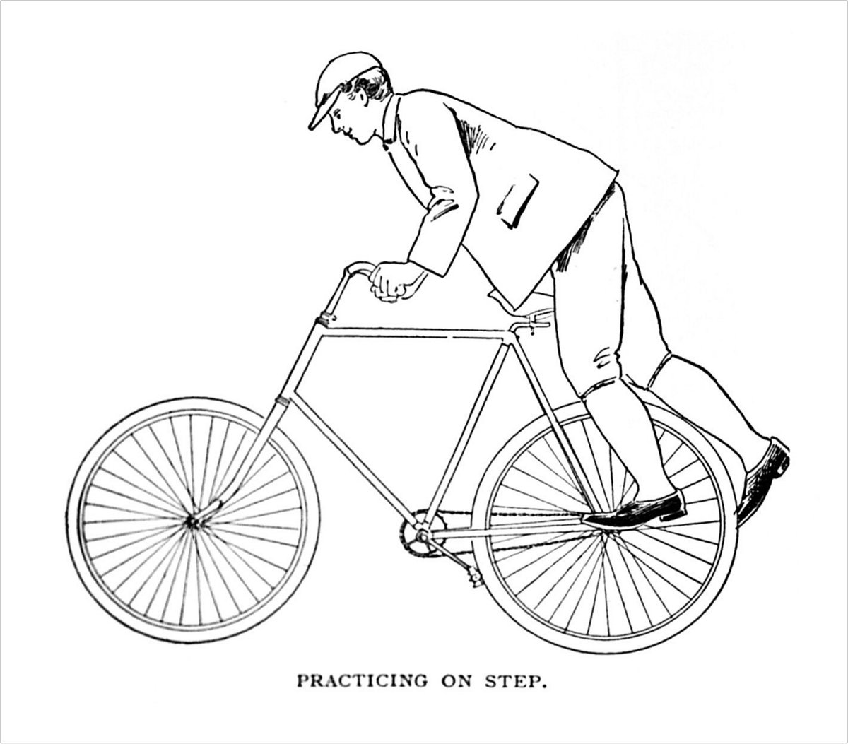 an illustration of a man in old timey clothes getting on a bicycle