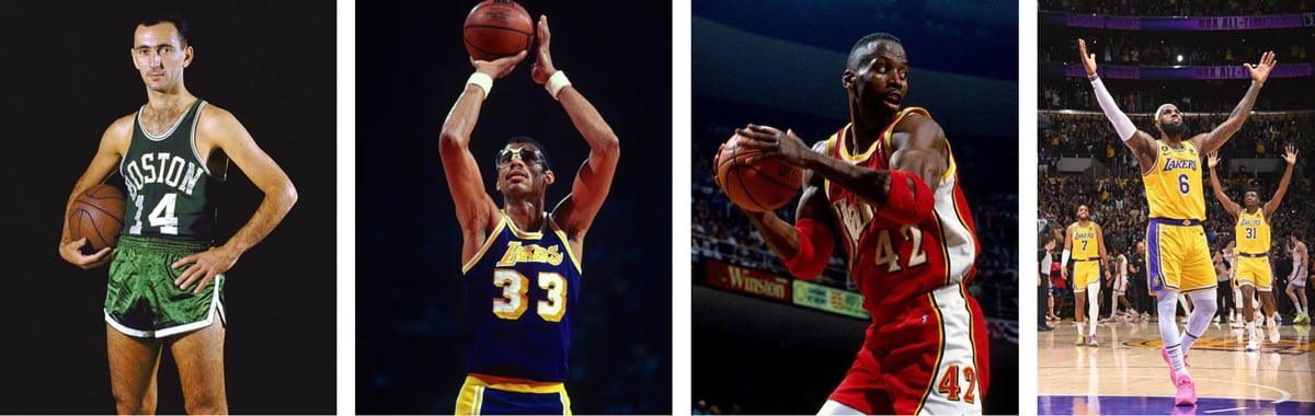 photos of four basketball players: Bob Cousy, Kareem Abdul-Jabbar, Kevin Willis and LeBron James