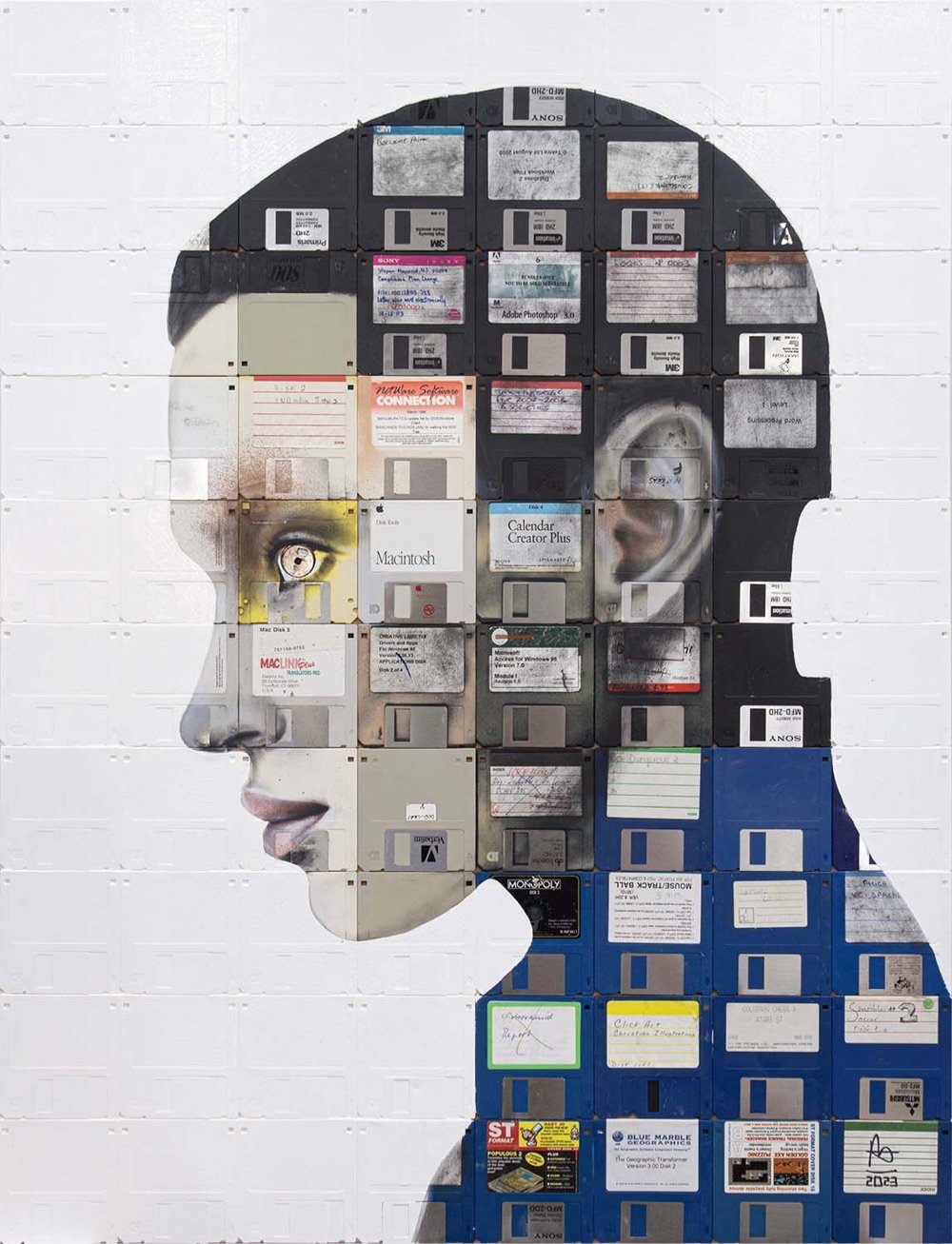 portrait of a person's head made out of floppy disks