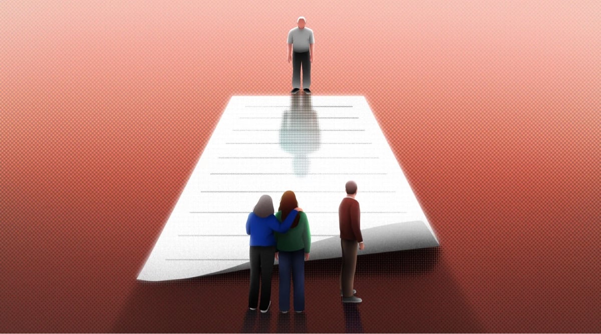 an illustration of a single person standing on one side of a list written on a piece of paper and three people standing opposite his across the list