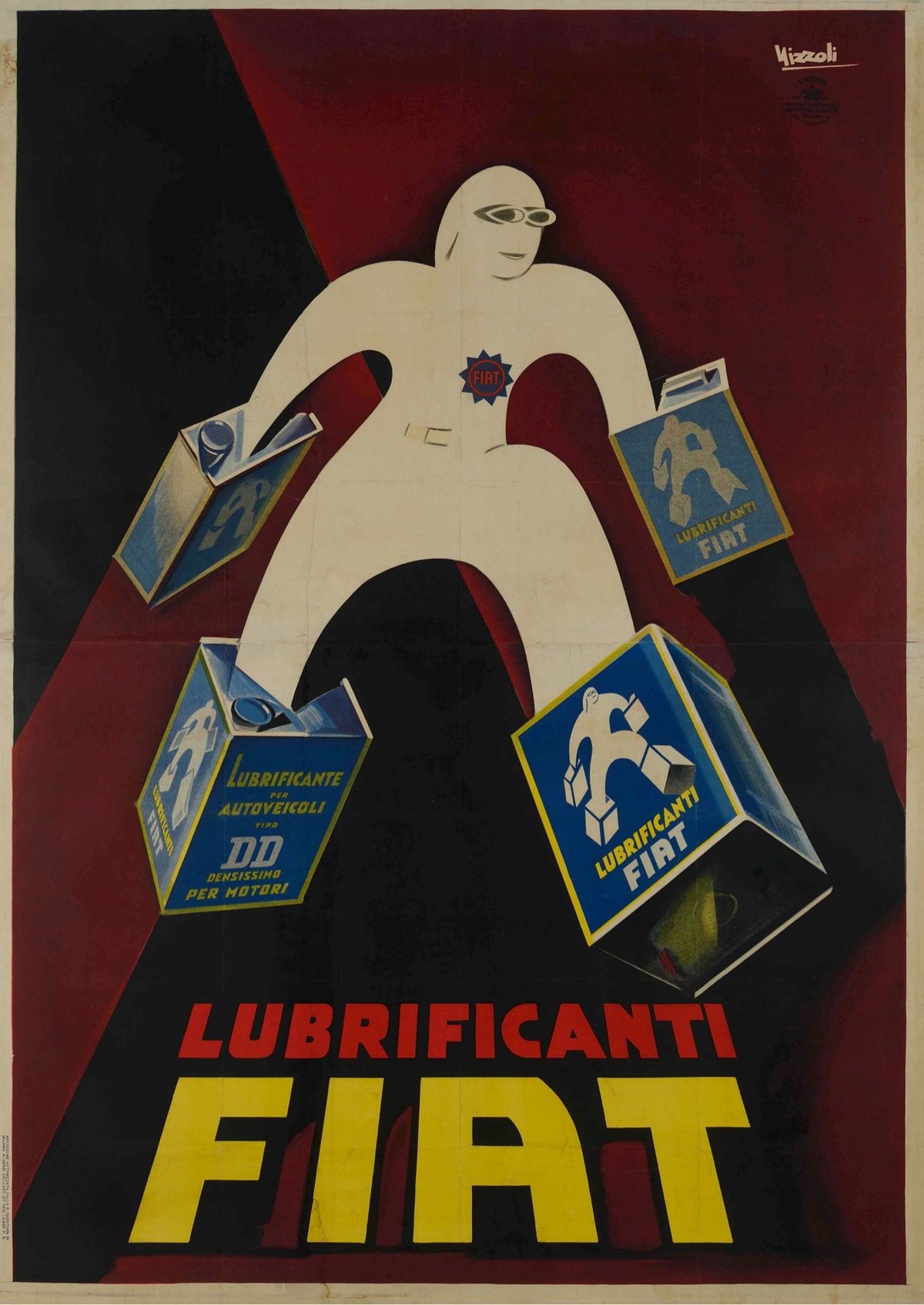 Cartel para Fiat con un hombre que usa latas en sus manos y pies a cada lado.