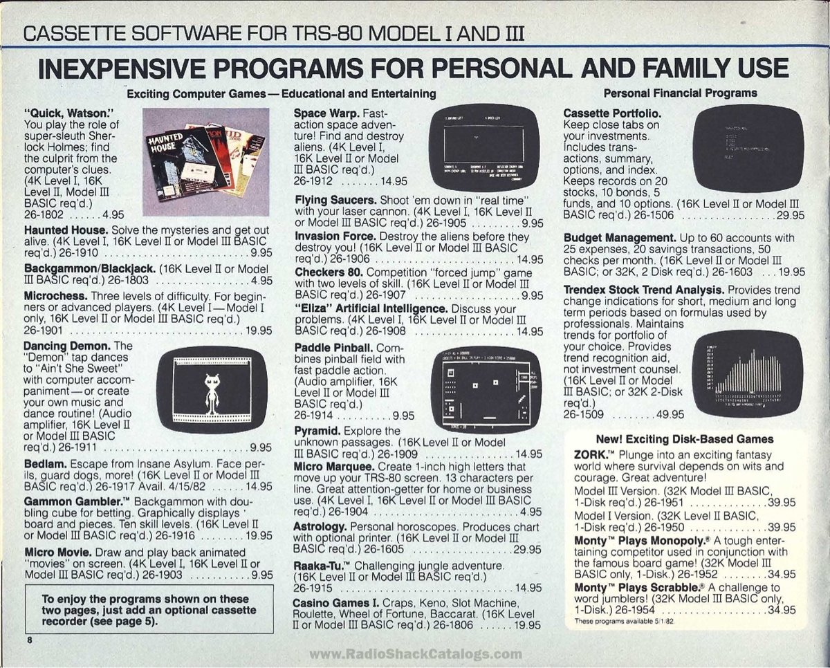 Interior de un catálogo de Radio Shack de principios de los 80 que muestra una lista de juegos de computadora