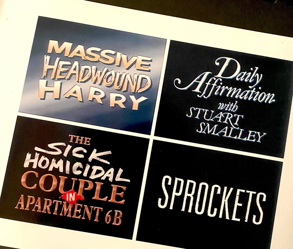 logotipos de algunas parodias de SNL llamadas Massive Headwound Harry, Daily Affirmations con Stuart Smalley y Sprockets