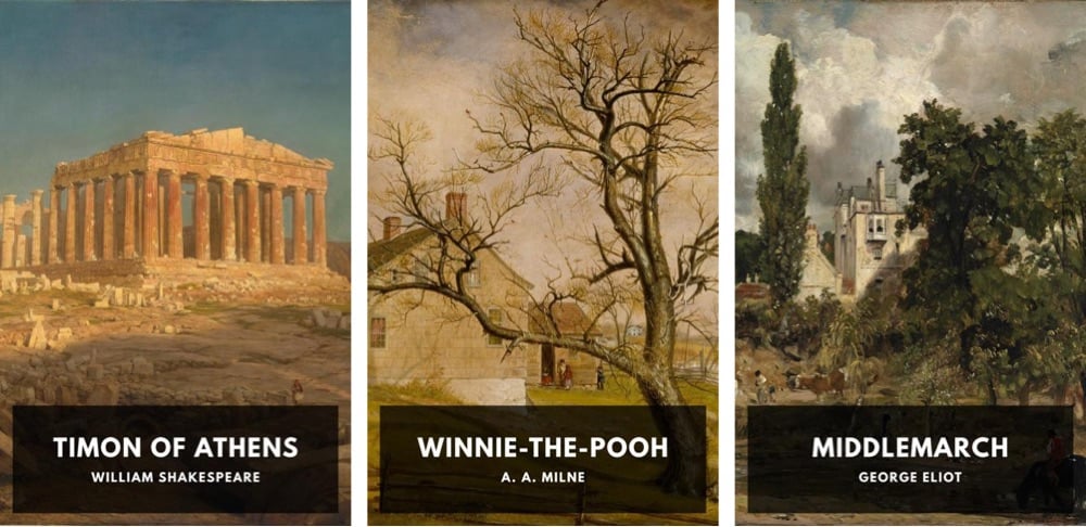 book covers of Timon of Athens, Winnie-the-Pooh, and Middlemarch