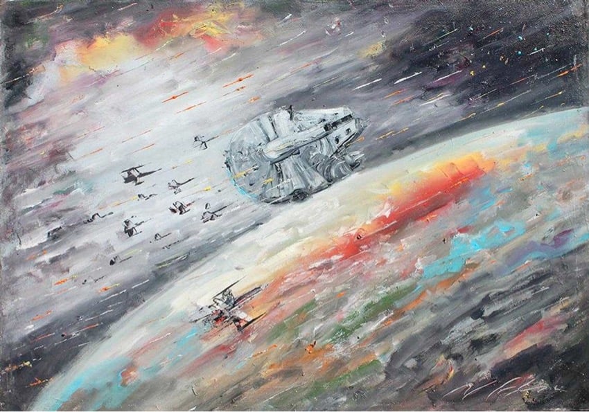 oil painting of Star Wars X-Wing fighters and the Millennium Falcon