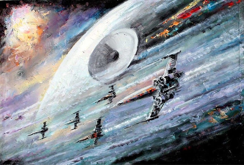 oil painting of Star Wars X-Wing fighters and the Death Star