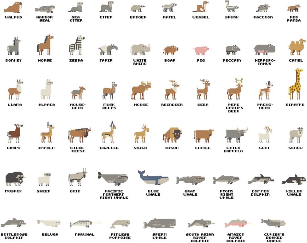 pixel illustrations of a few dozen different animals