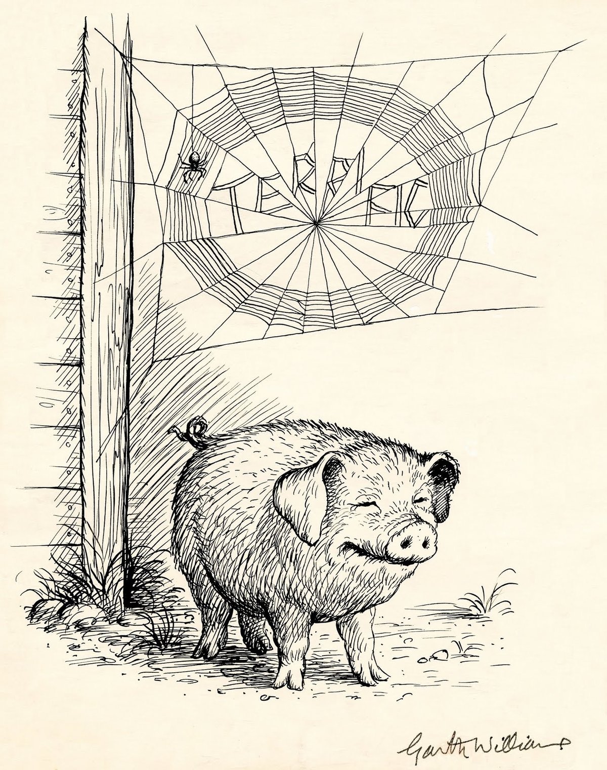 a drawing from Charlotte's Web of the pig Wilbur standing under a cobweb that spells 'terrific'