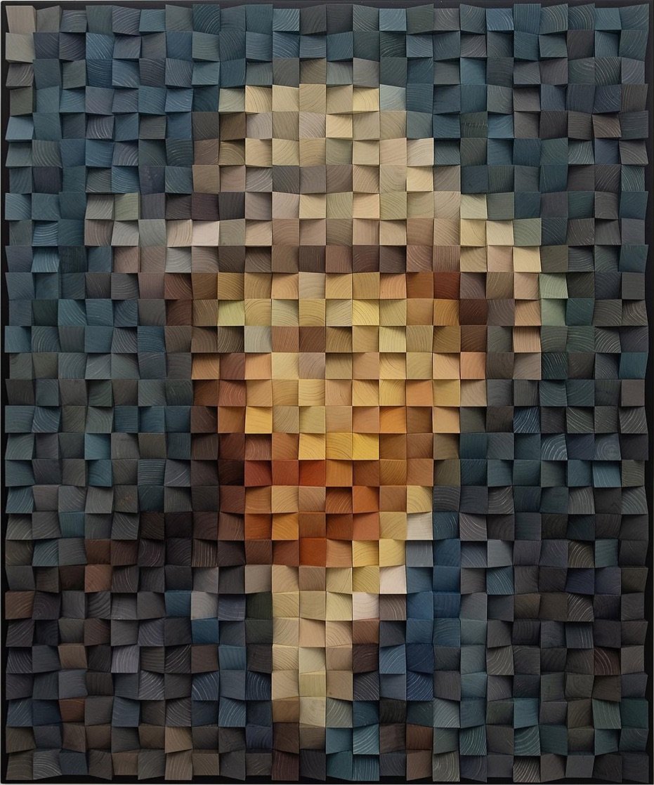 a chunky abstract representation of a van Gogh self-portrait made from colorful wooden blocks