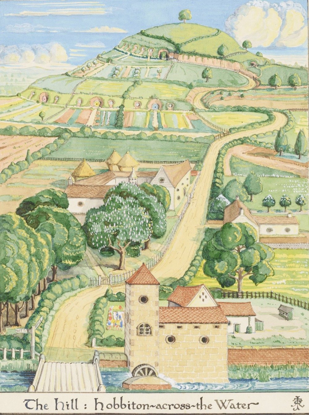 painting by J.R.R. Tolkien of Hobbiton