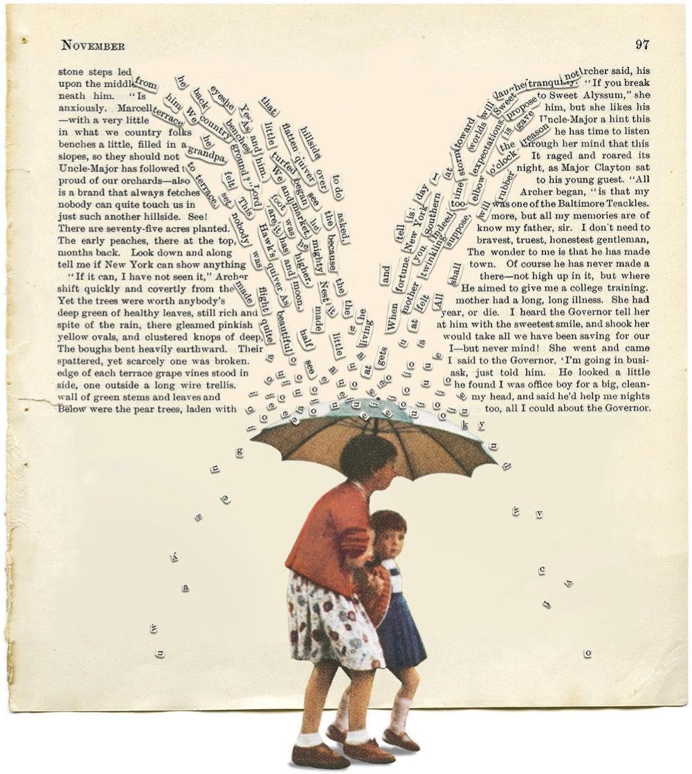 words from a book page appear to falling on two kids holding an umbrella