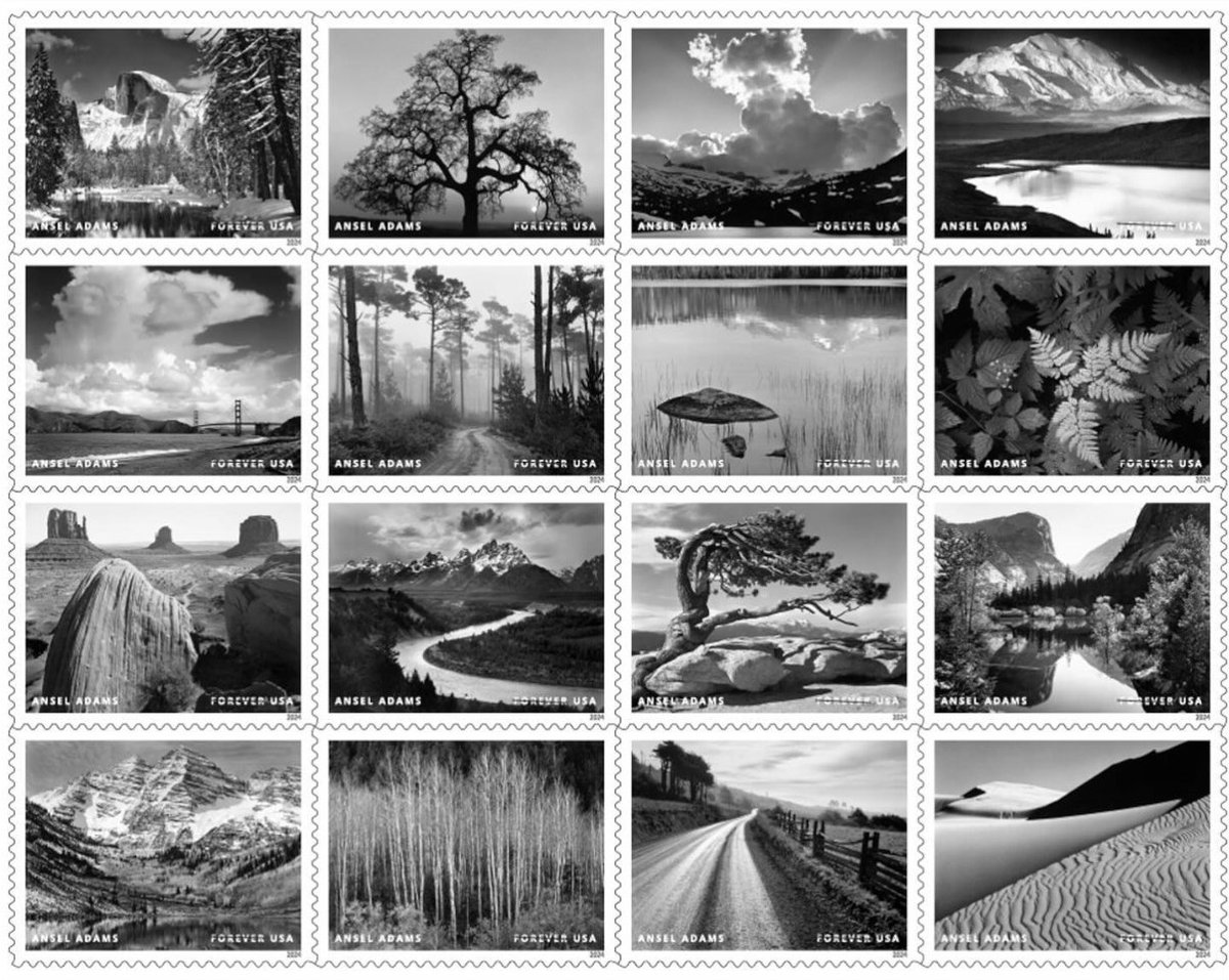 a sheet of stamps from the US Postal Service featuring Ansel Adams photographs