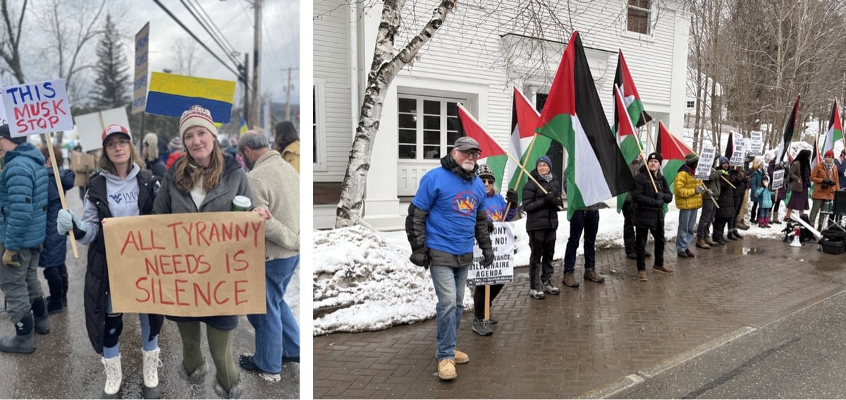 people out in the snowy cold, protesting JD Vance's visit to Vermont