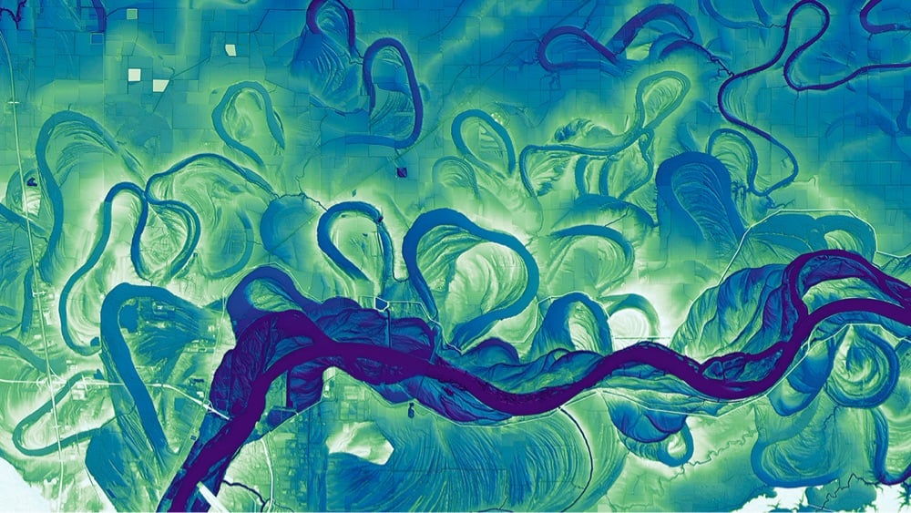 a blue and green representation of LIDAR data of a river and its former paths