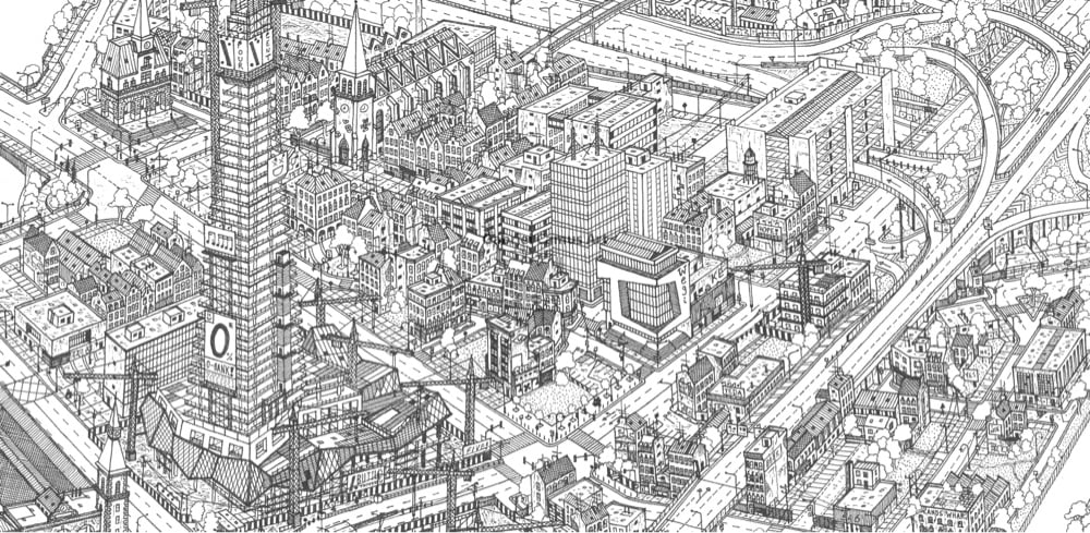 detail of a black and white drawing of a fictional city
