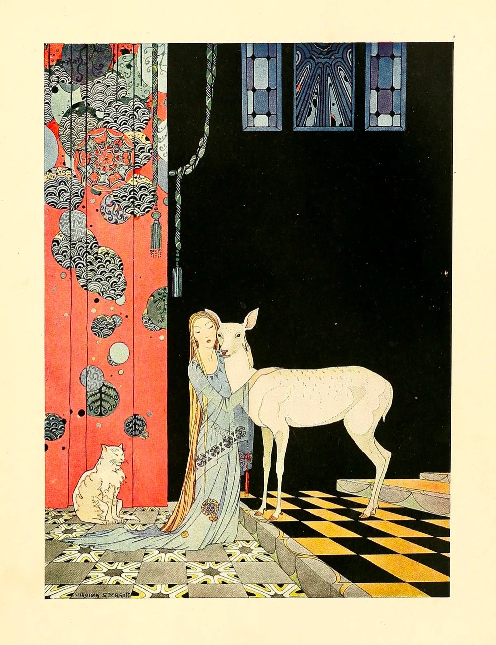 an illustration of a woman hugging a deer next to a cat