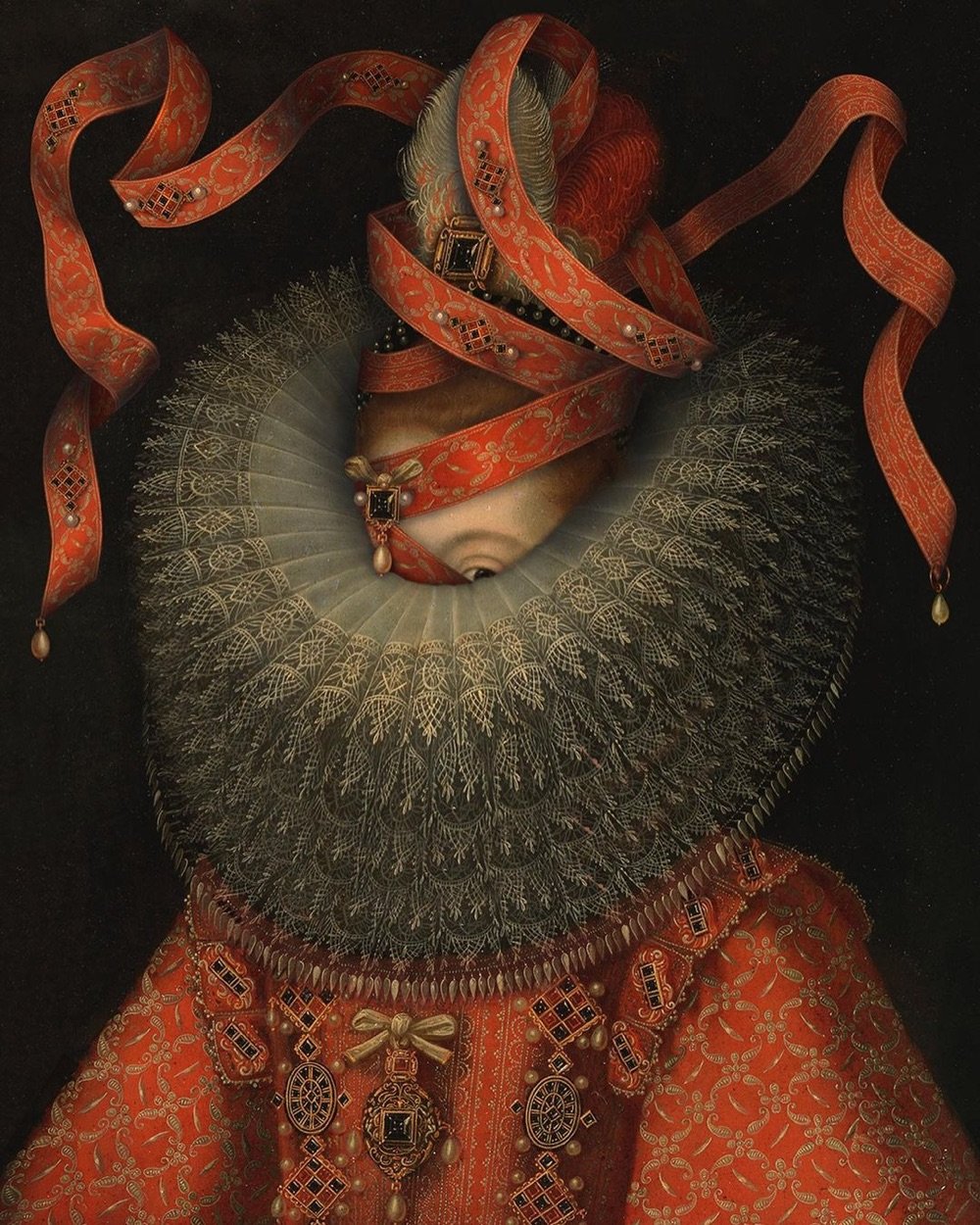 painting in a Rococo style of a woman with an absurdly large ruff