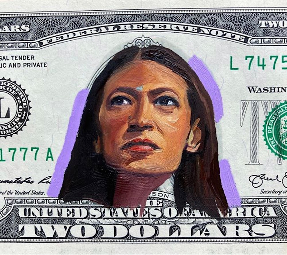 Dollar bill portrait of AOC