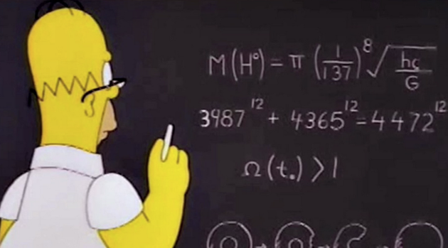 Simpsons - Homer Simpson writes mathematical equations (some of them wrong) on a blackboard