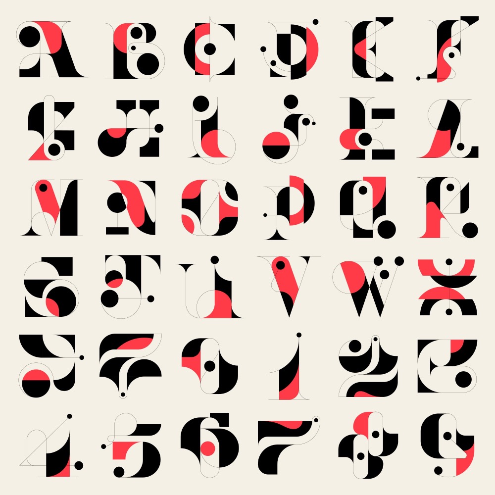a messy modernist typeface made from red and black geometric elements
