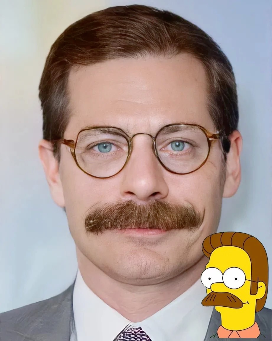 a photorealistic portrait of Ned Flanders from The Simpsons
