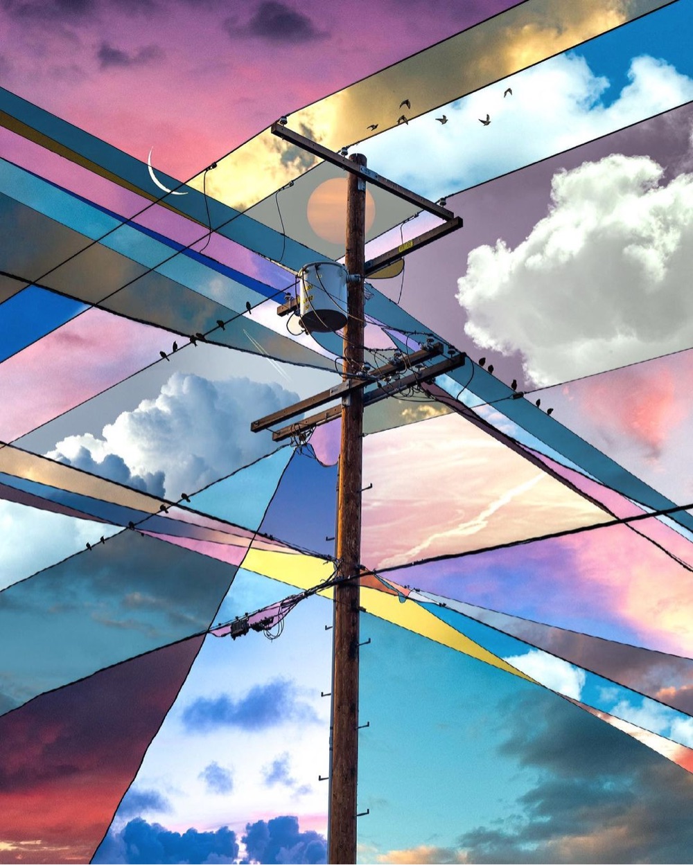 a collage of different bits of sky around pole and power lines