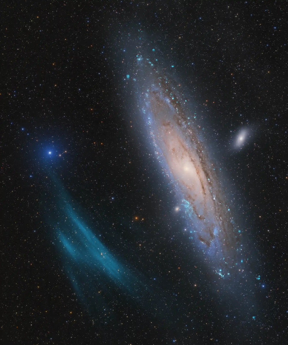the Andromeda galaxy next to a giant blue plasma arc
