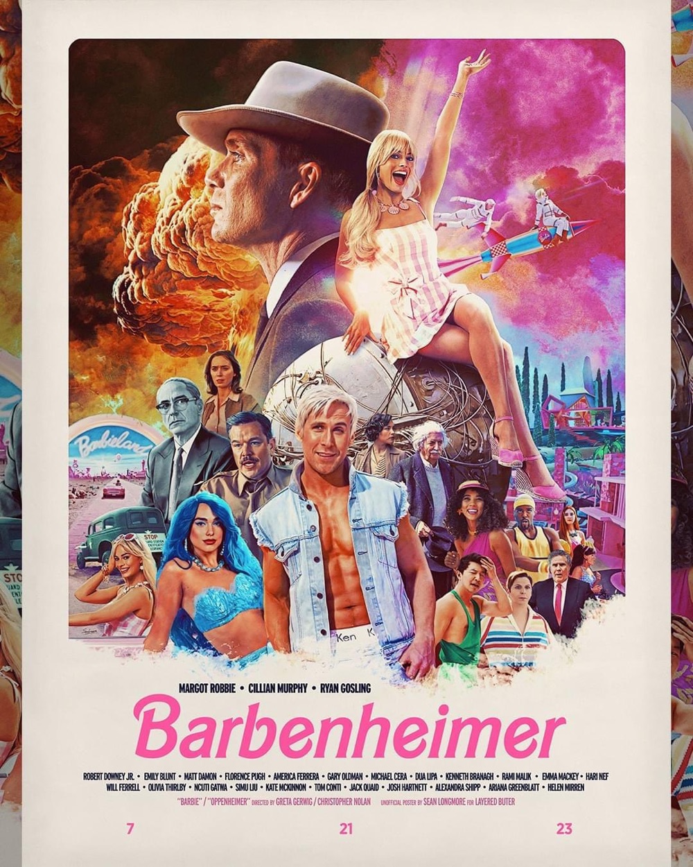 mashup movie poster for Barbenheimer (Barbie + Oppenheimer)