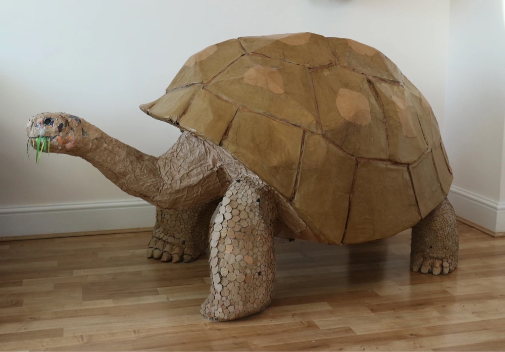 a tortoise sculpture made from cardboard