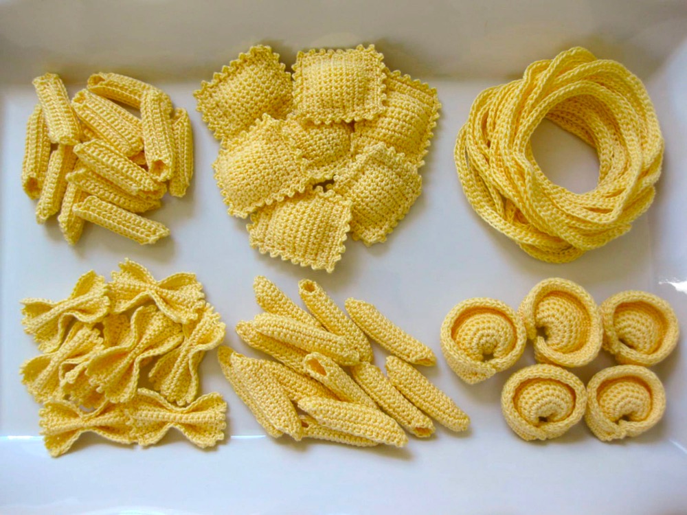 pasta shapes made from crocheted fabric