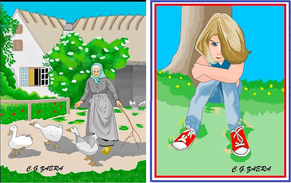 two digital paintings: th one on the left is of a woman hearding geese and the one on the right is of a blonde haired girl sitting by a tree, looking a little sad
