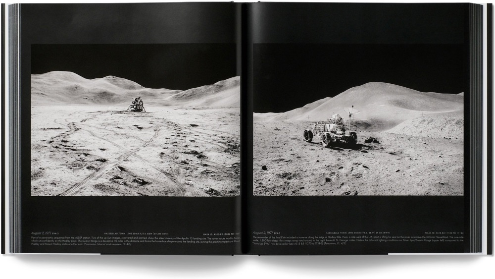 the book Apollo Remastered open to a page that shows two photos of the surface of the Moon
