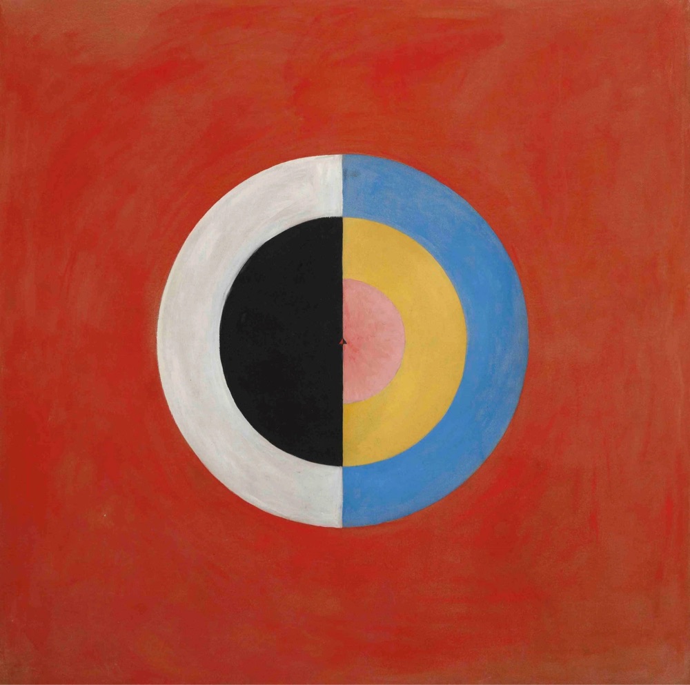a piece of art by Hilma af Klint of a circular shape on a red background