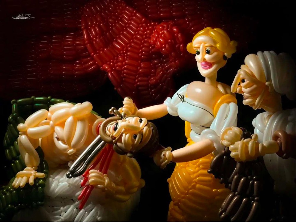 Judith Beheading Holofernes by Caravaggio, rendered in balloons
