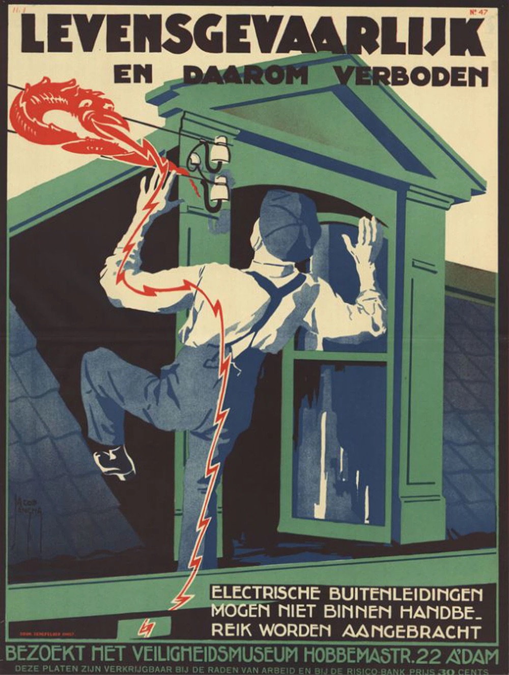 vintage Dutch safety poster showing someone getting electrocuted