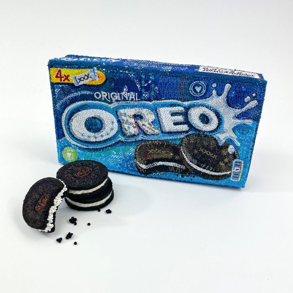 embroidered sculpture of Oreo cookies