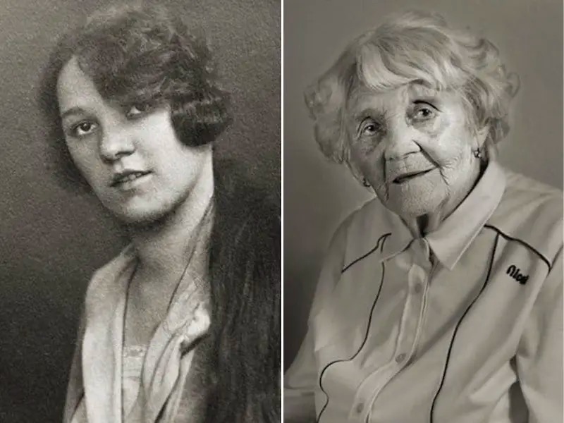 photo of a person as a young woman and as a centenarian