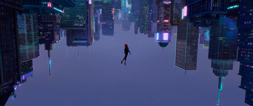 a lone figure falls up into a cityscape
