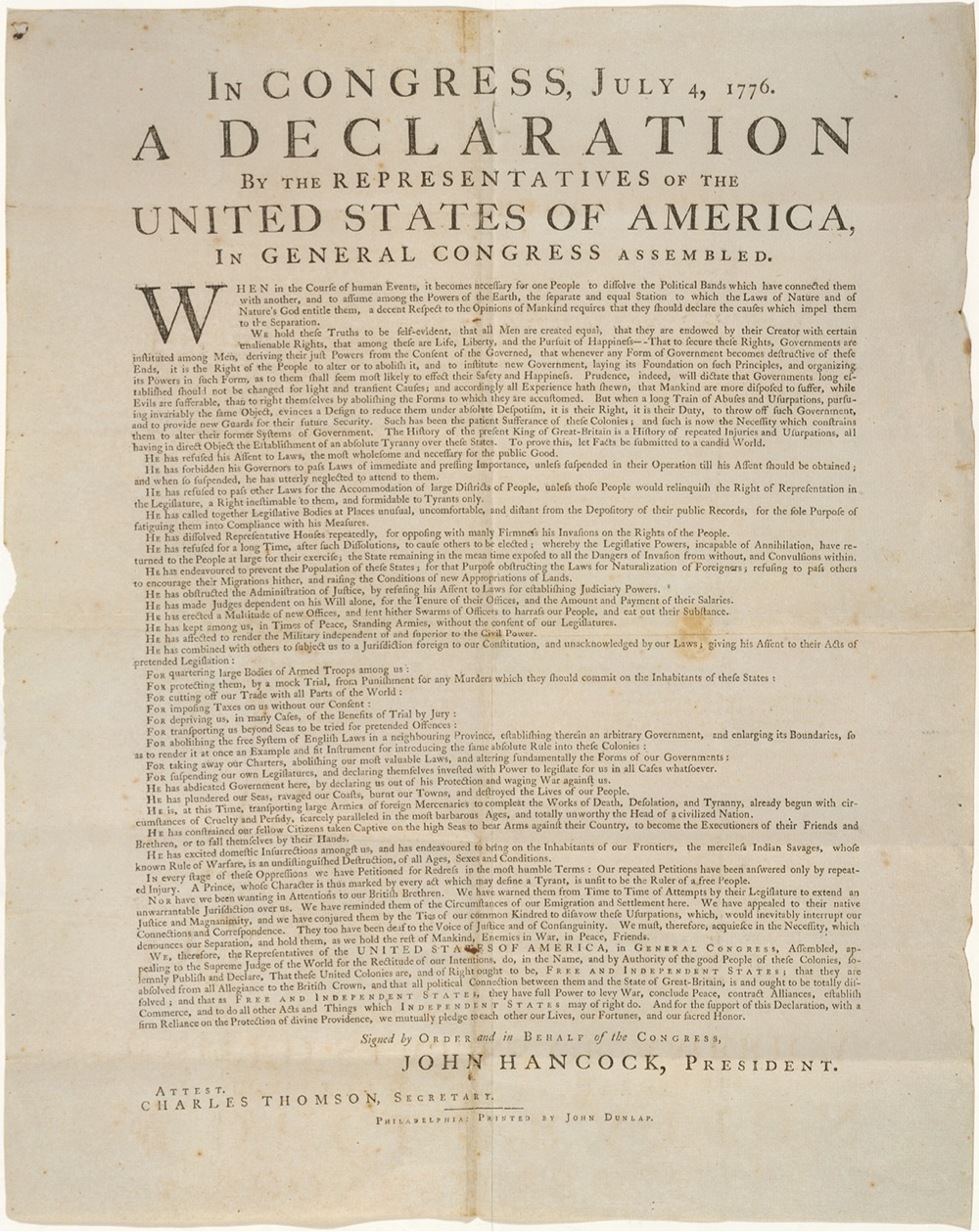 a copy of the original printing of the Declaration of Independence
