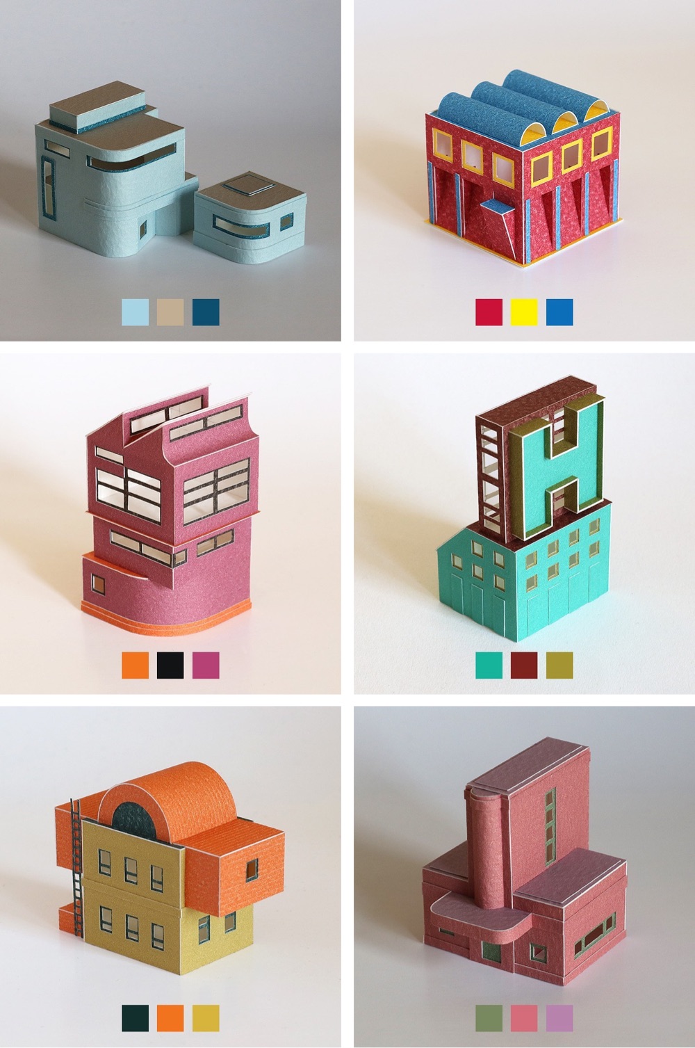 tidy papercraft houses each made using a palette of three to four colors