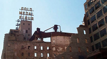 Gold Medal Flour sign on the grain elevators next to the Washburn A Mill, Minneapolis, MN